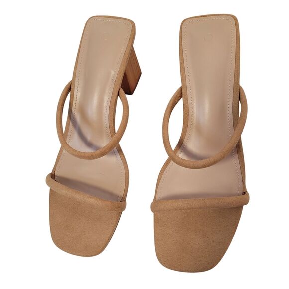 Women's Tan Suede Heeled Sandals With Block Wooden Heel & Strappy Design Size 8 - Picture 2 of 12